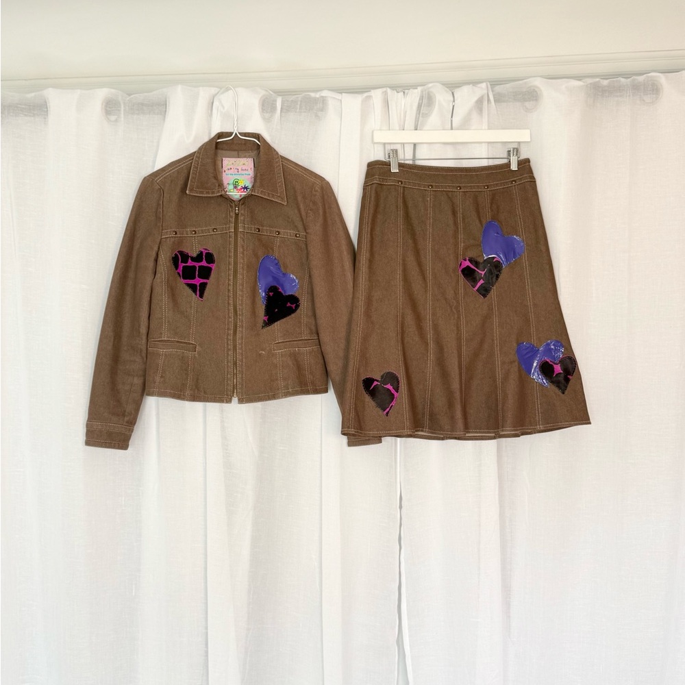 💜 Reworked Y2K Studded Denim Heart Set 💜 (Jacket + Skirt) - Picture 2 of 8